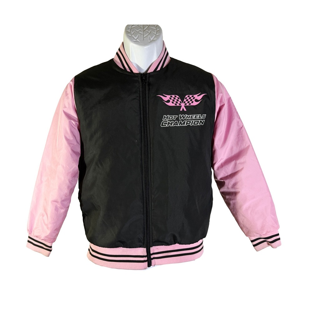 Hot Wheels Varsity Bomber Jacket Kids Size 14 L Black Pink Racing Team Graphic